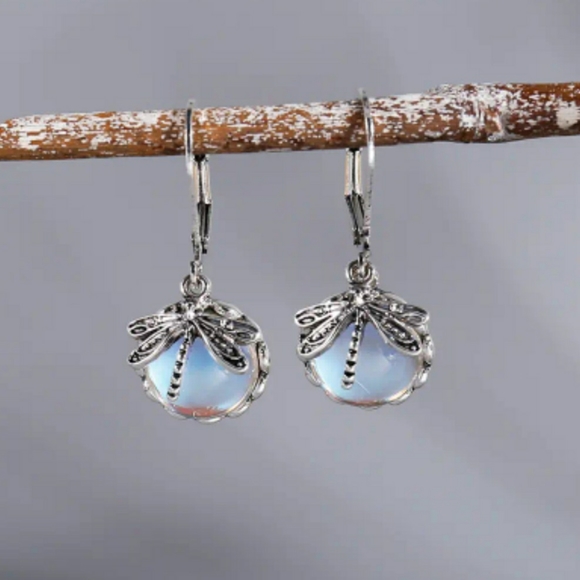 Vintage Dragonfly Moon Stone Earrings - Picture 1 of 4